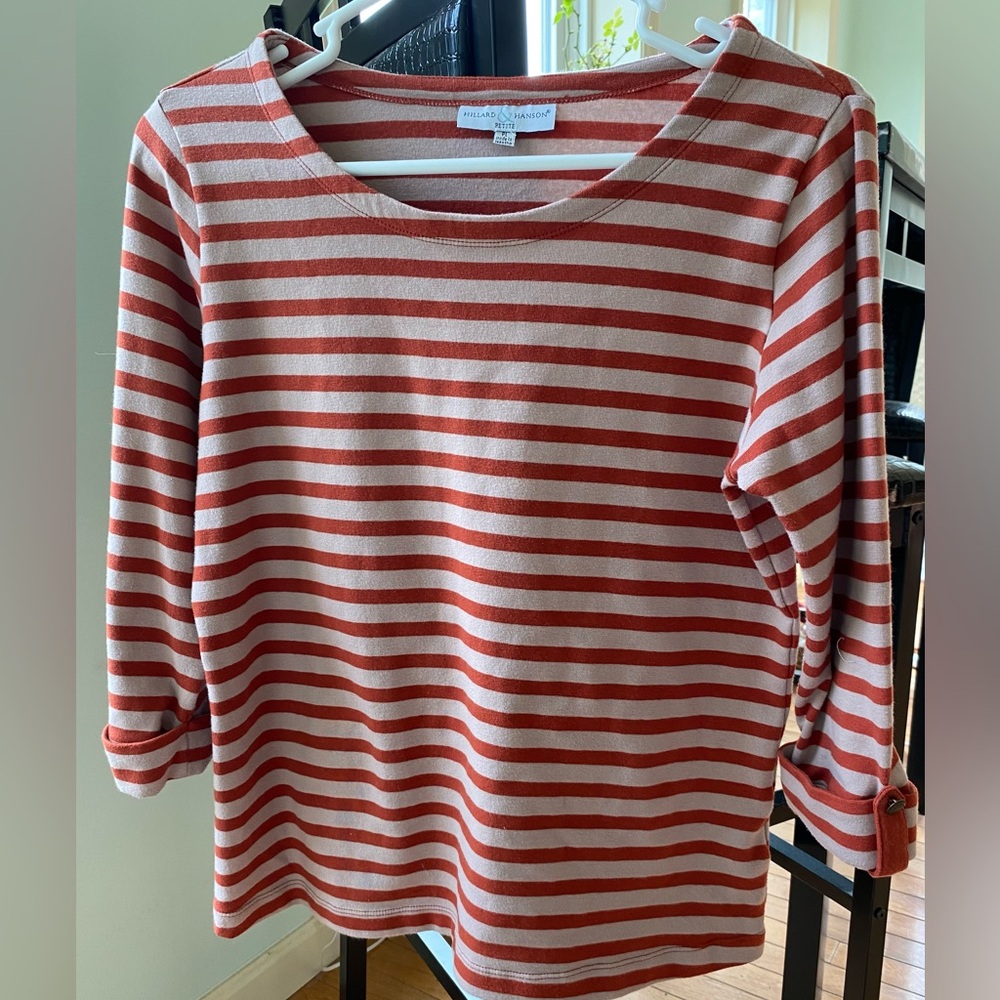 Hillard & Hanson EUC petite striped top 3/4in sleeve